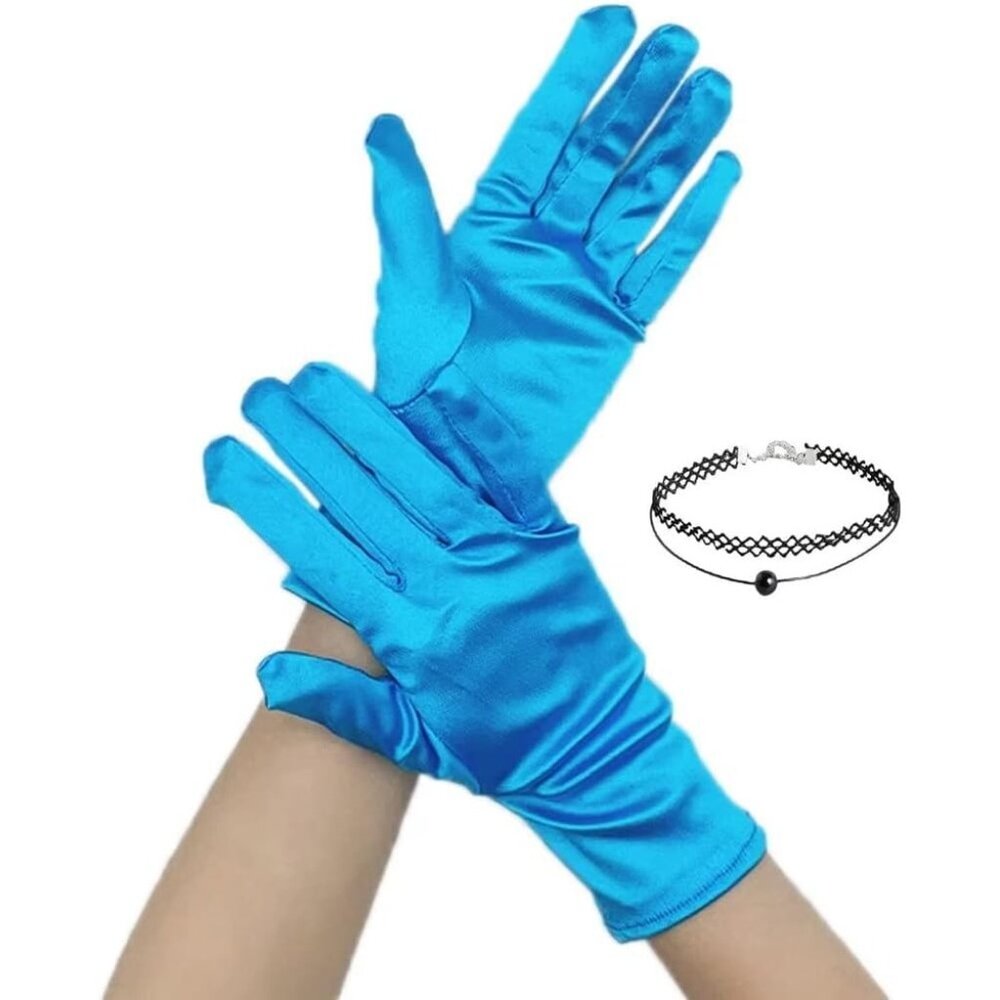Women's Blue Evening Short Satin Lace Gloves Choker Necklace Wedding Party Prom